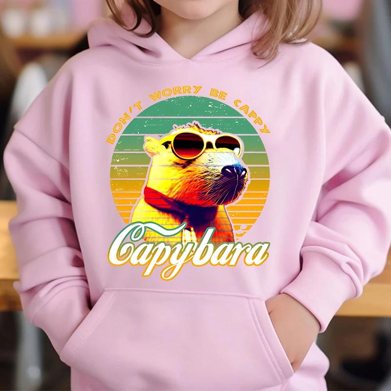 Cute Capybara Loves Bubble Tea Children's Hoodie Pink Autumn and Winter Girl's Top
