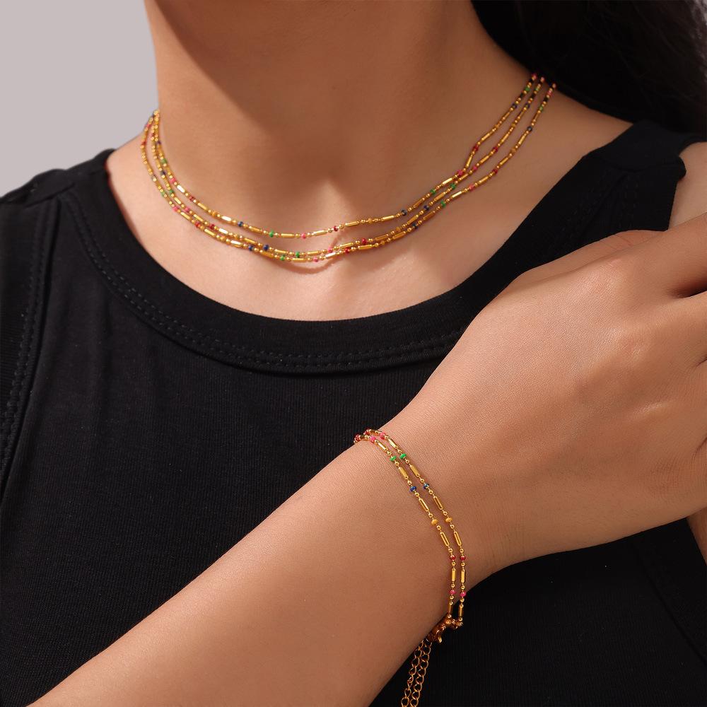 Sweet Wind Color Mini Design Oil Drop Round Bead Necklace Women'S Simple Gold Anklet Bracelet Titanium Steel Set