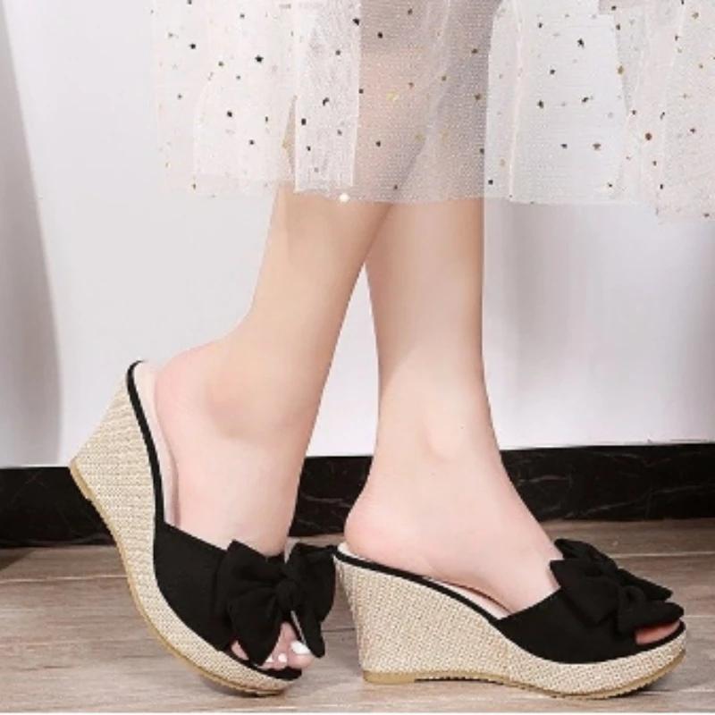 Shoes Female  Fashion Summer Women's Slippers Solid Flock Butterfly-knot High Heels Water Proof Daily Platform Slippers
