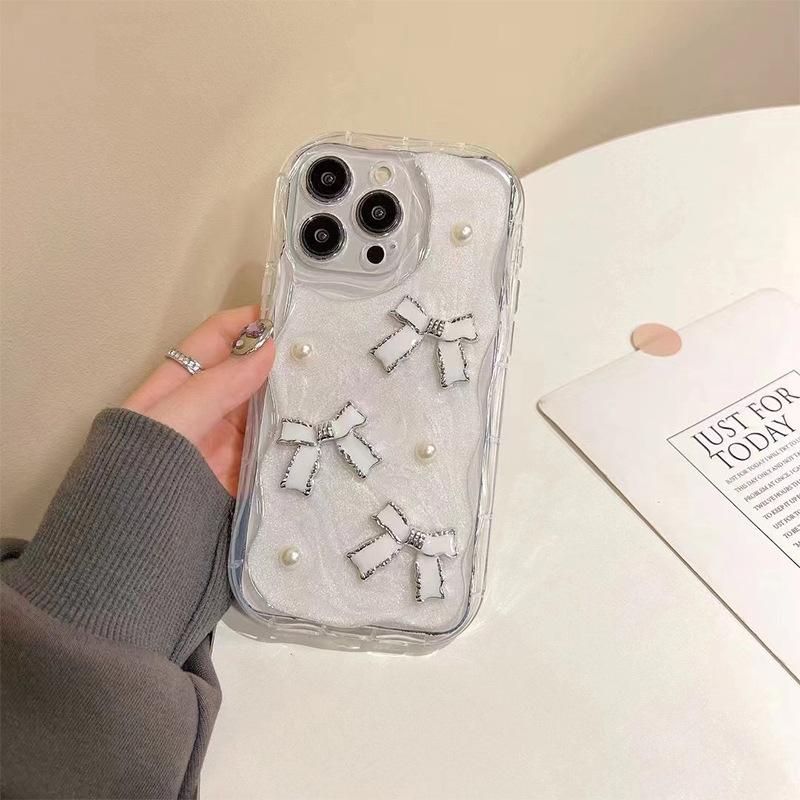 

Iphone17Promax Glitter Drop Adhesive Phone Case For Apple 16 Bow Pearl Internet Celebrity Drop Resistant iPhone 7/8/SE 2020