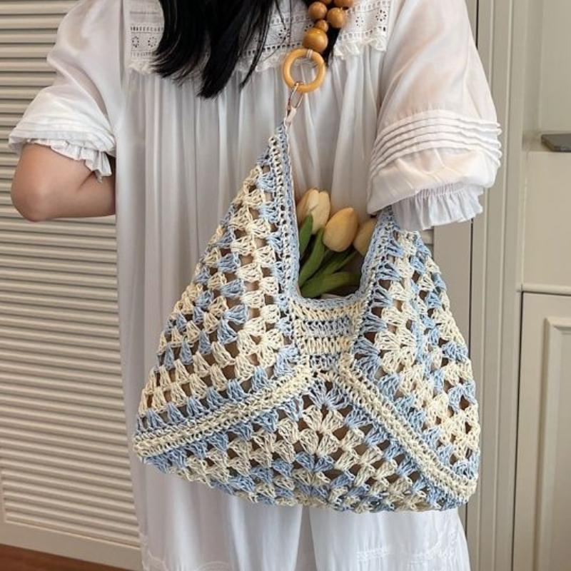 Sommer Stroh Strandtasche für Damen - Ausgehöhlt Schulter Handgewebter Korb Tote