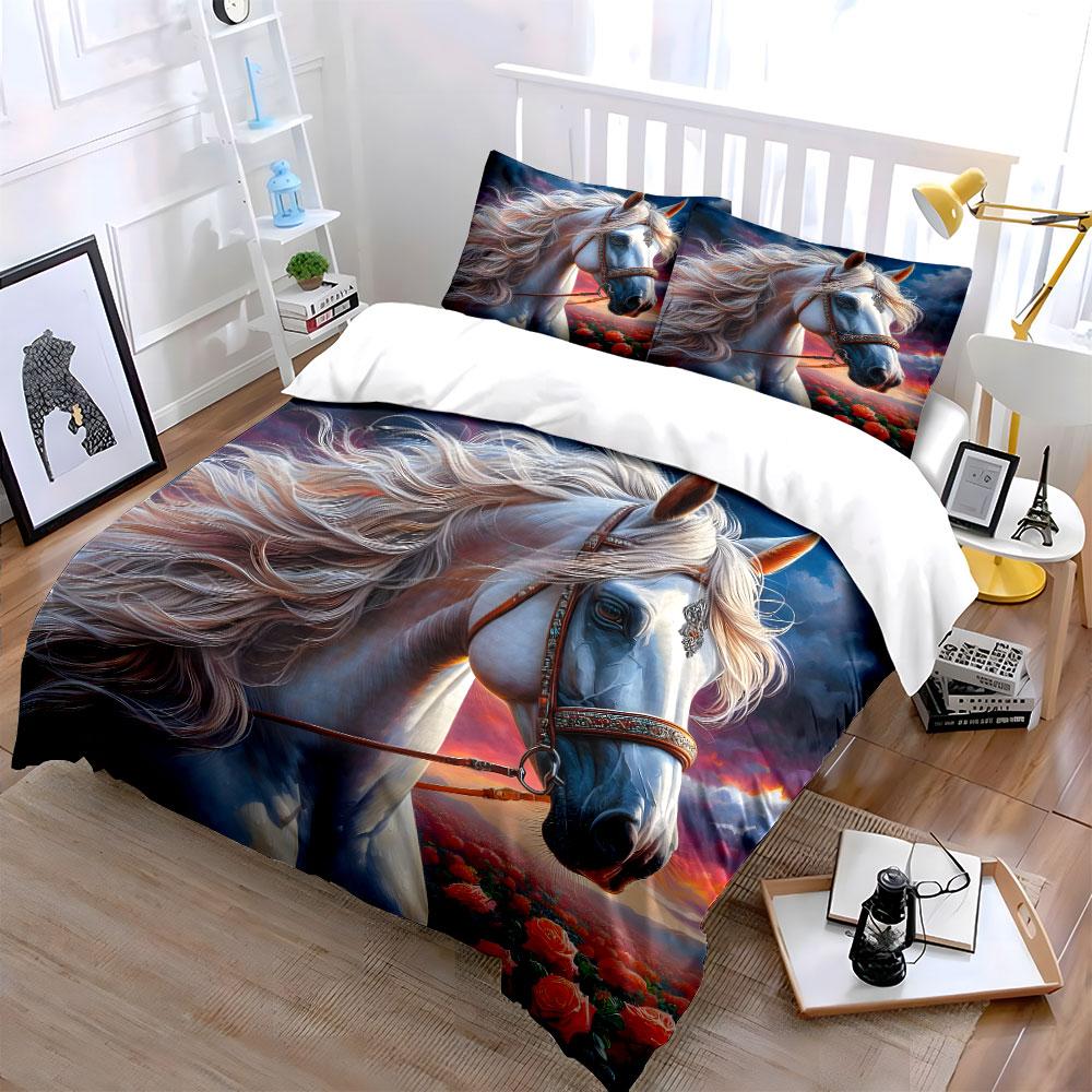 3Pcs White Horse With Rose Field Duvet Cover Set With 3D Printing Design Soft Polyester Bedding Set All-Season Comfort