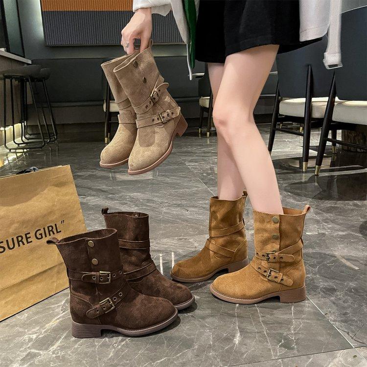Cowhide Version! Seoul Flanged Boots~ 6cm Inner Height Increase Buckle Thick Heel Desert Boots Outdoor Short Boots Women's Western Boots