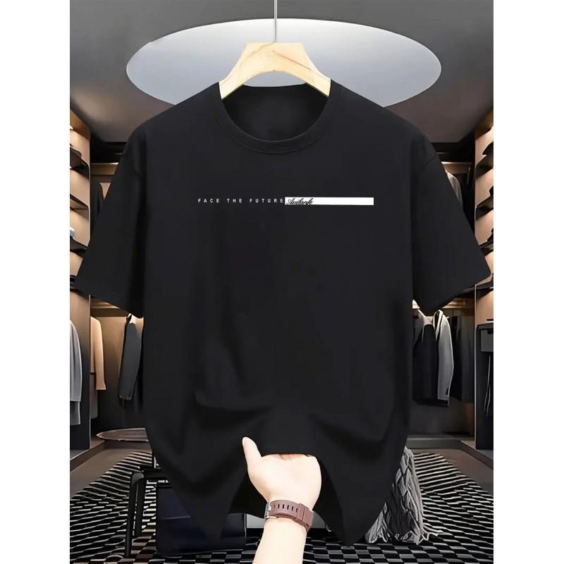Mens Casual Short Sleeve Round Neck T-Shirt With Letter Print Loose Fit Cotton Tee