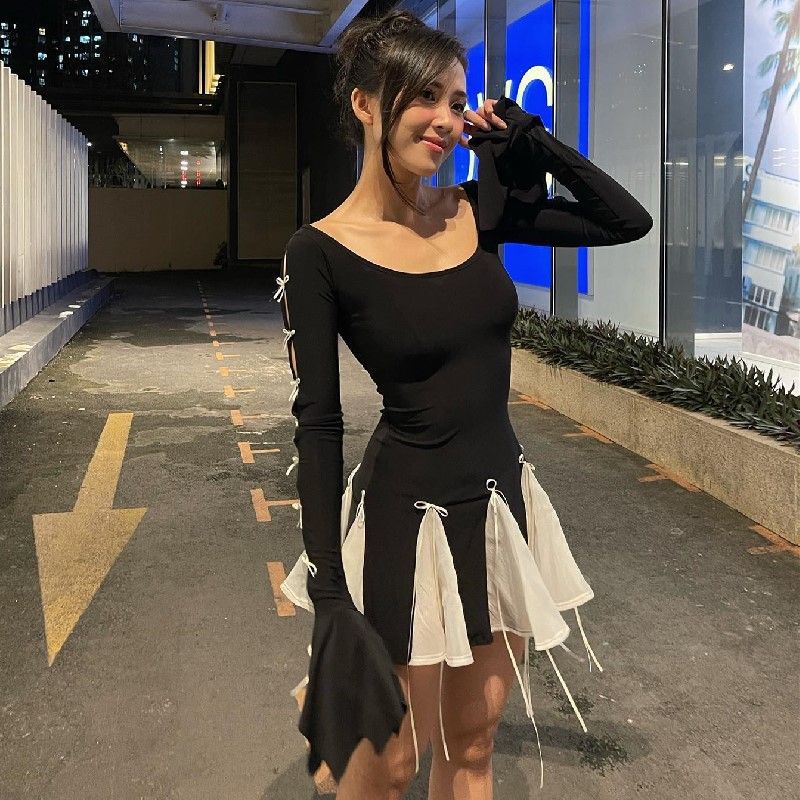 

Lace up Flared Sleeve Dress for Women Women Strap Flare Sleeve Dress Black L(L)