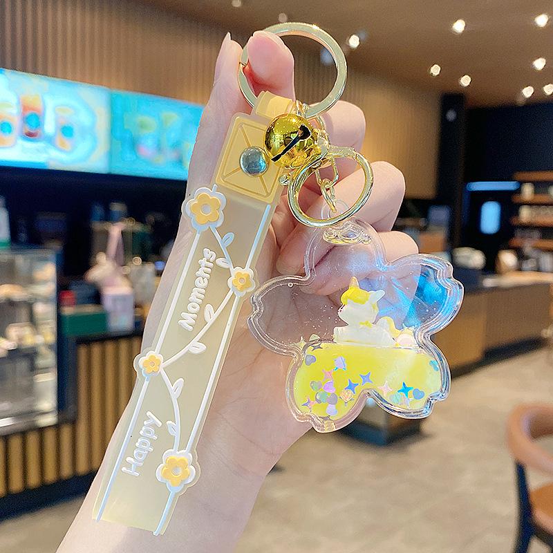 Lila Stern Flüssiger Treibsand Schlüsselanhänger mit Kirschblüten Öl-gefülltem Anhänger - Niedlicher 3D Rucksackanhänger für Frauen