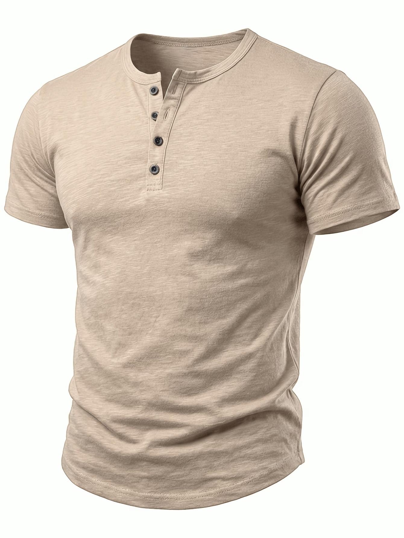 Herren Weißes Kurzarm-Henley - 3-Knopfleiste & Abgerundeter Saum, Strukturierte Baumwolle Sommerlich Lässiges Oberteil XL khaki