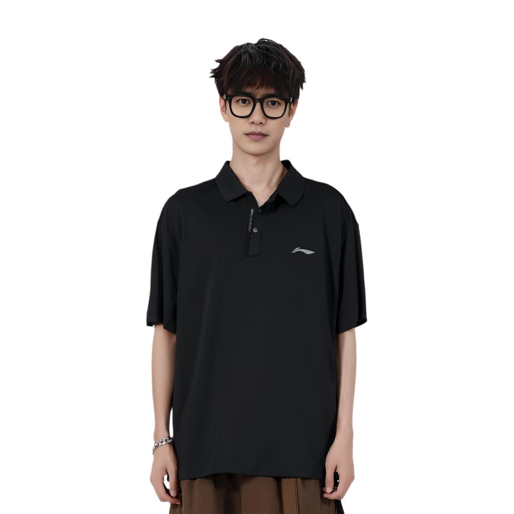 Li Ning Solid Color Pullover Fitness Sports Polo Shirt Men Tops Black APLU119-1