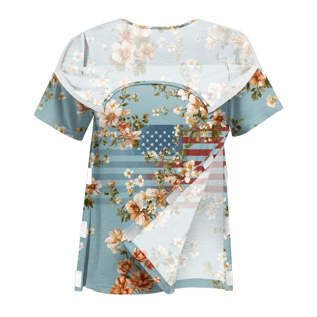 Women's Post-operative Short-sleeved Color Shirt With Shoulder Zipper And Side Closure.