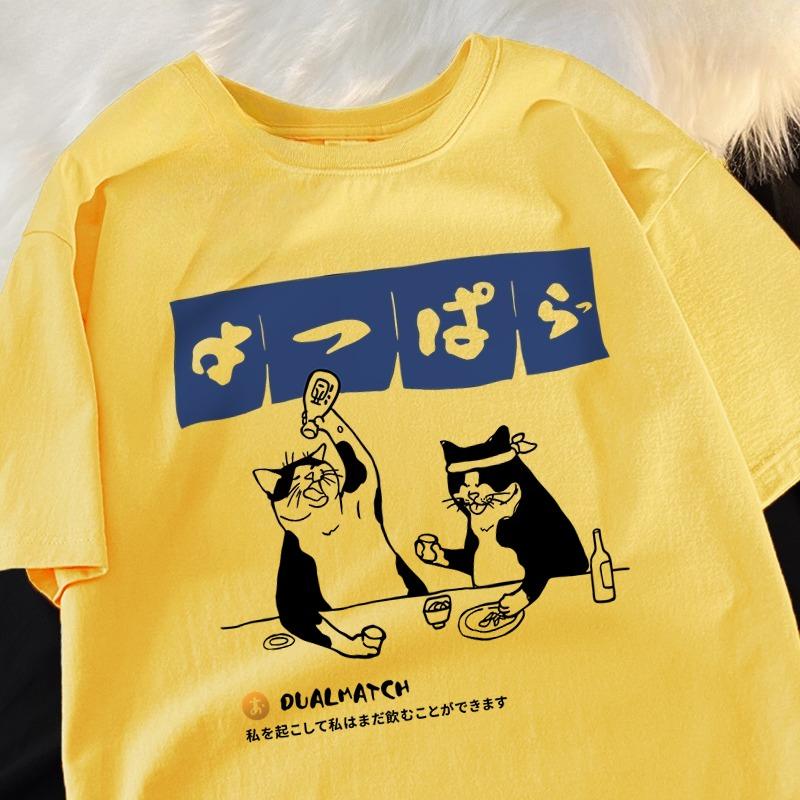 Harajuku Japanese Cat Drinking Tops Mens Fashion O-Neck T-Shirt Street Summer Oversized Clothing Cotton Tshirts