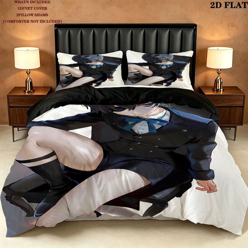 Black Butler Pattern Bedding Quilt Set Quilt Cover Pillowcase Home Birthday Gift(1 * duvet cover + 2 * pillowcase, without core)