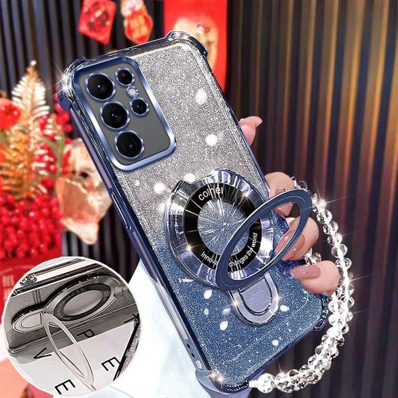 For Samsung Galaxy A17 A07 A56 A16 A26 A36 A06 A15 A25 A35 A55 A05 A14 A24 A34 A54 Glitter Plating Magnetic Holder Bracelet Case