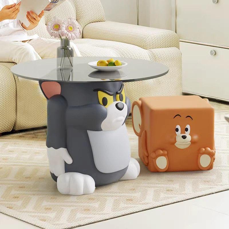 Tom & Jerry Cartoon Glass Side Table & Stool Set