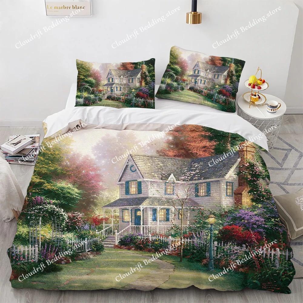 Oil Painting King Queen Duvet Cover Vintage Building Landscape Bedding Set for Adults Retro Art microfiber Quilt Cover