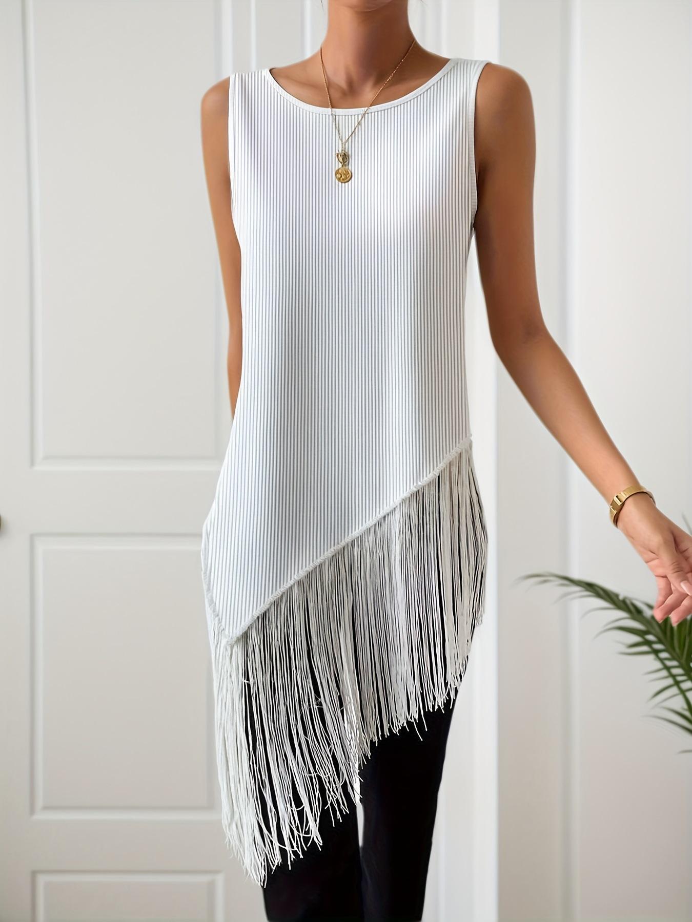 

Sleeveless tassel knitted solid color top women s commuter crew neck stage performance tassel design spot S белый