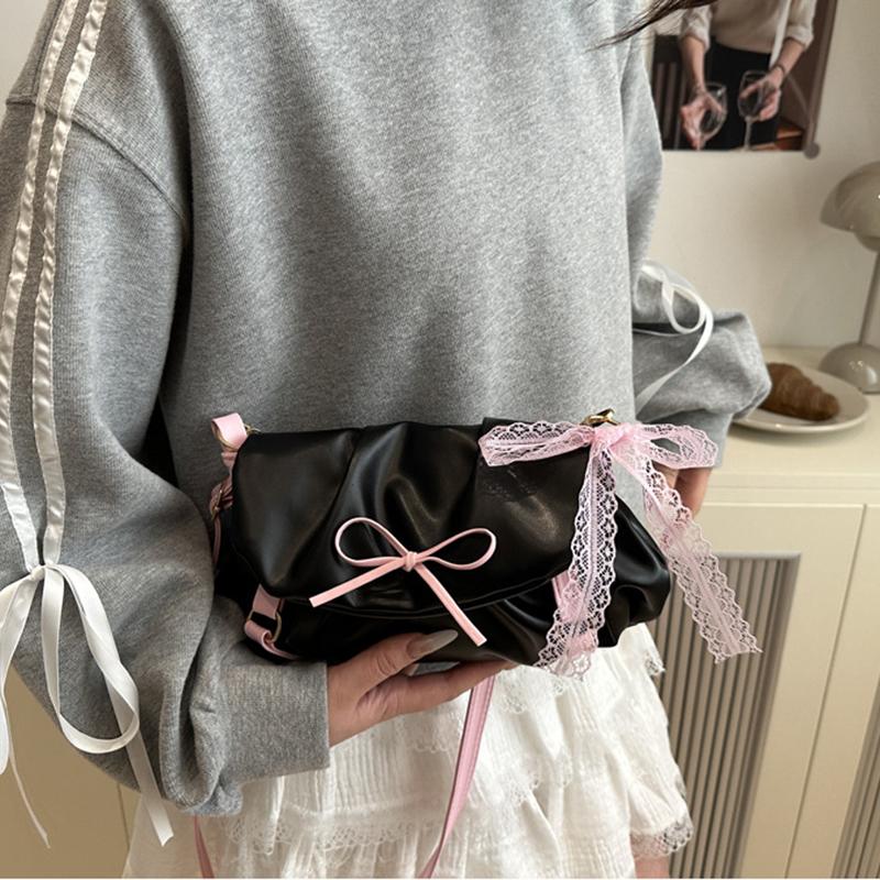 Y2K Sweet Ballerina Inspired Women's Crossbody Bag Fashion Soft Pink Bow Decor PU Leather Shoulder Bag for Commuting, Dating, Casual Outings CLE
