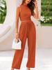 Summer Casual Set Sleeveless Round Neck Short Slim Top Wide Leg Pants Two Pieces