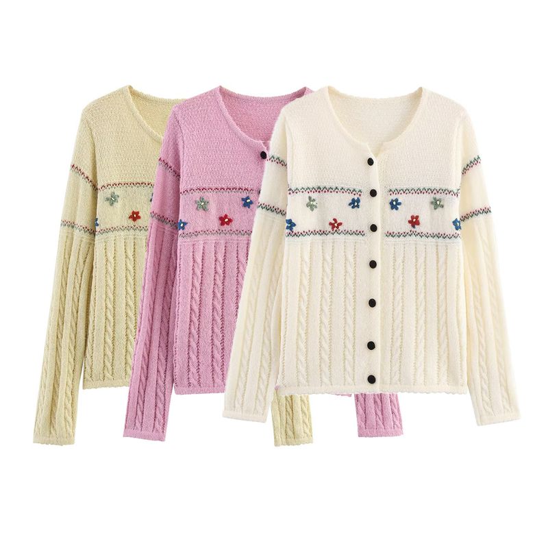 Kaslead New Women Clothes Western Style Fashion Simple and Versatile Loose Embroidery Flower Knit Cardigan