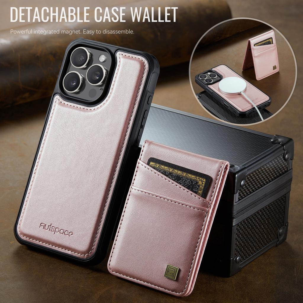 For iPhone 16 Pro Max Case AUTSPACE A12 Leather Back Cover with Magnetic Detachable Card Bag Kickstand