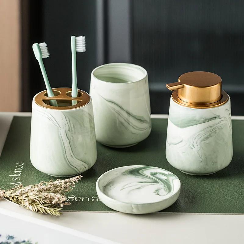 Creative Gradient Green Marbled Ceramic Lotion Bottle Toothbrush Holder Soap Dish Set Bathroom Accessories Soap Dispenser Bottle