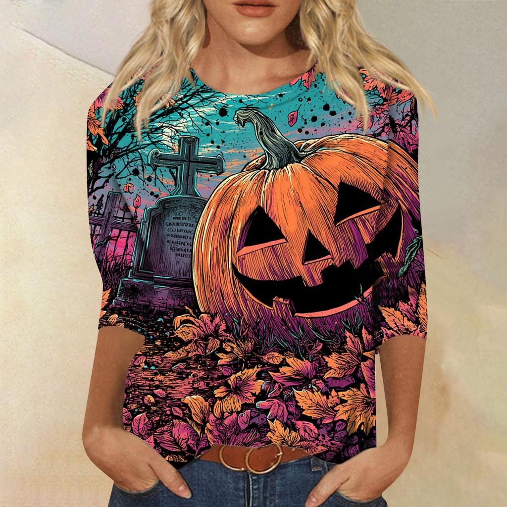 Women's Fashion Casual Round Neck Three-quarter Sleeve Halloween Printed T-shirt Top