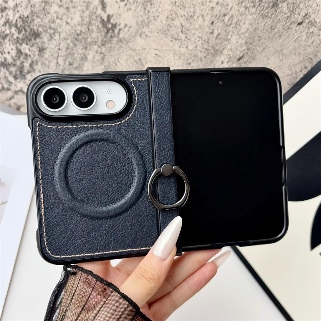 Retro Lychee Leather Texture Ring Holder Magnetic Hinge Protection Phone Case for Apple IPhone Duo 18 Fold Shockproof Cover