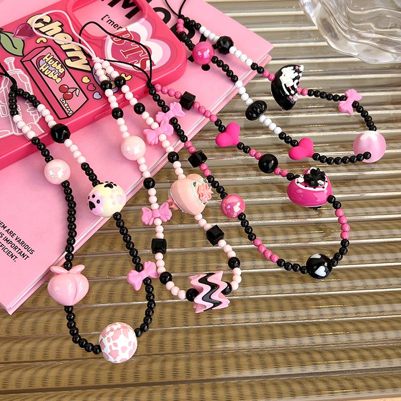 Trojrozměrné ručně malované korálkové korálky sladké cool černé růžové korálky mobilního telefonu řetěz hvězda Spice Girl hipster