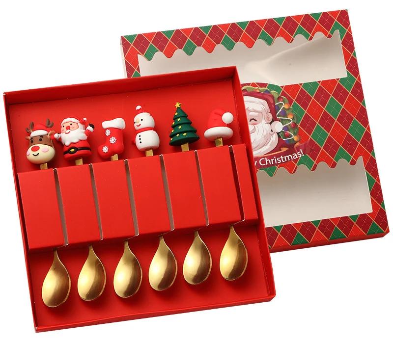 

Рождественский набор из 6 вилок и ложек, креативная посуда из нержавеющей стали, подарочный набор вилок и ложек для кофе, чая, десерта красный