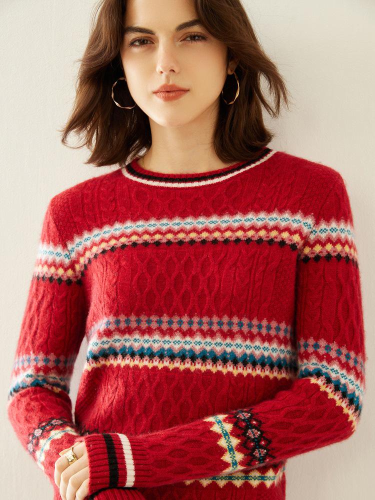 Women's Retro Jacquard Cashmere Knitwear: Color Block Round Neck for Autumn/Winter