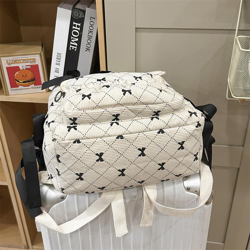 Corduroy Backpack Large Capacity Bow Print Backpack Student Schoolbag