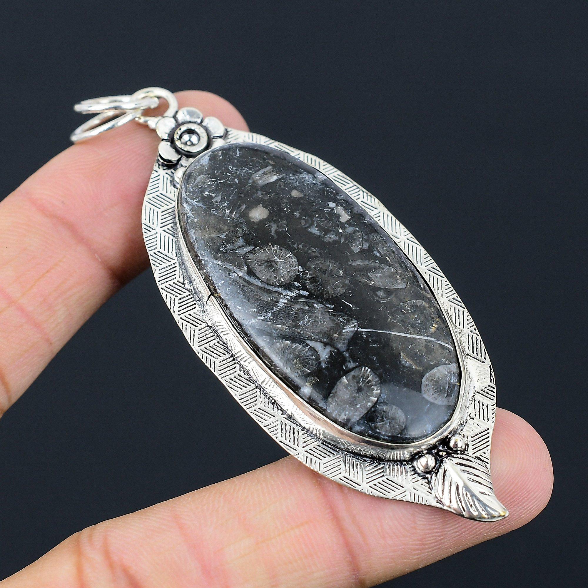 Daughters Day Deal 925 Sterling Silver Black Fossil Coral Stone Pendant Jewelry