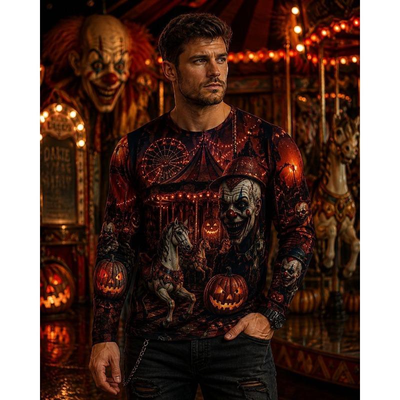 Autumn and Winter Men's 3D Printed Crew Neck Long Sleeve T-Shirt Halloween Dress Up