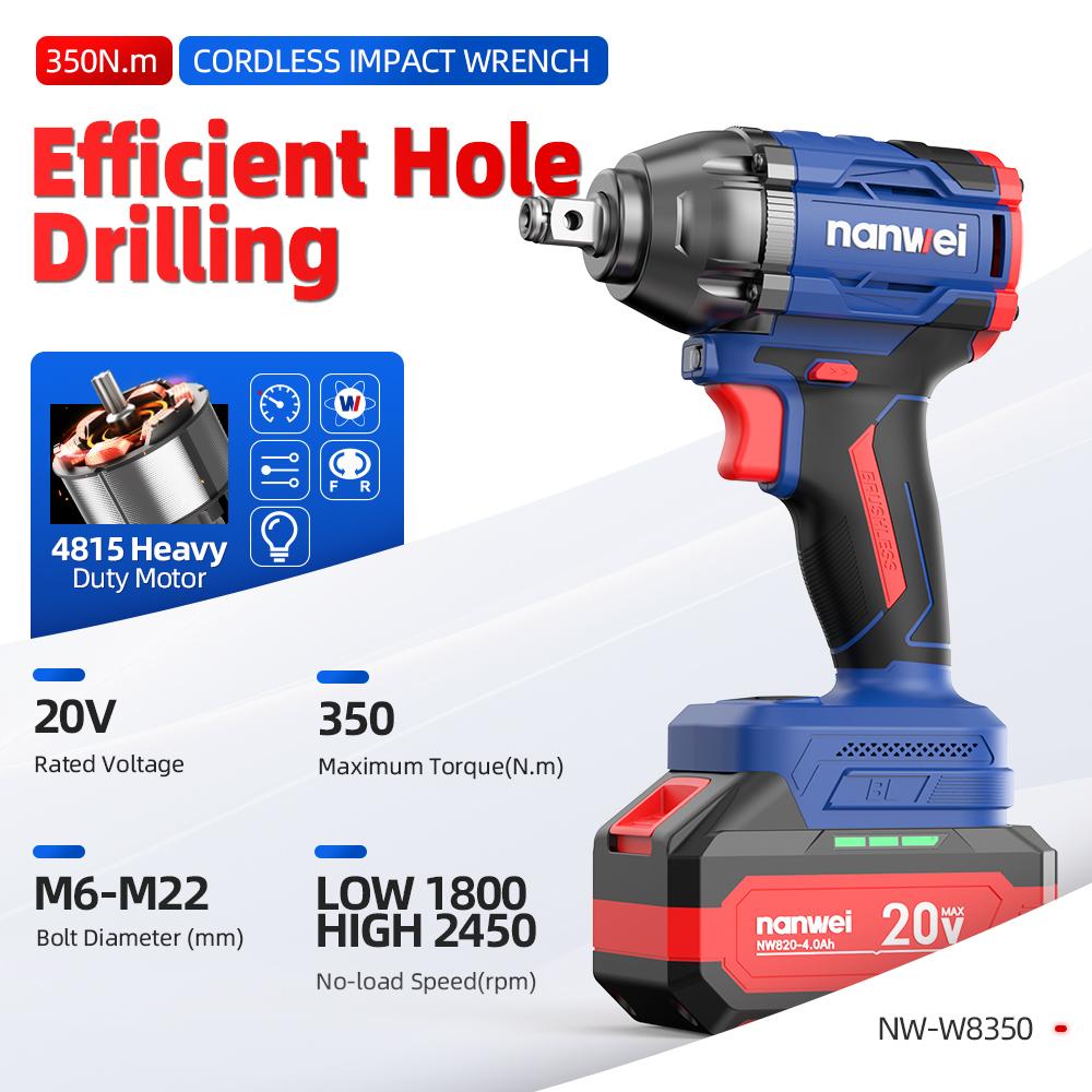 NANWEI 350 Nm Electric Impact Wrench Chuck Diameter 1/2, Maximum Speed 2450 rpm