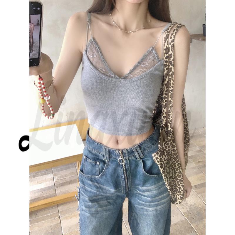 

Summer Korean Slim-Fit V-Neck Lace Trim Camisole Top Extra Large сірий колір