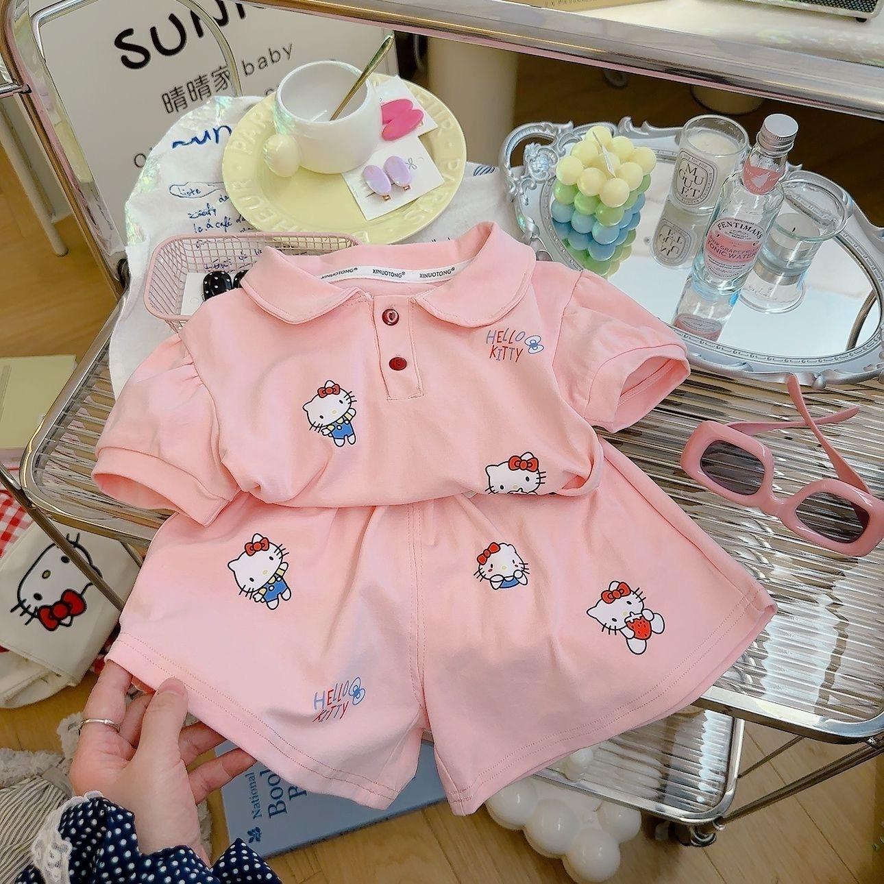 Girls Summer Polo Collar Short Sleeve Shorts Casual Two Piece Set Kids Clothing 90cm