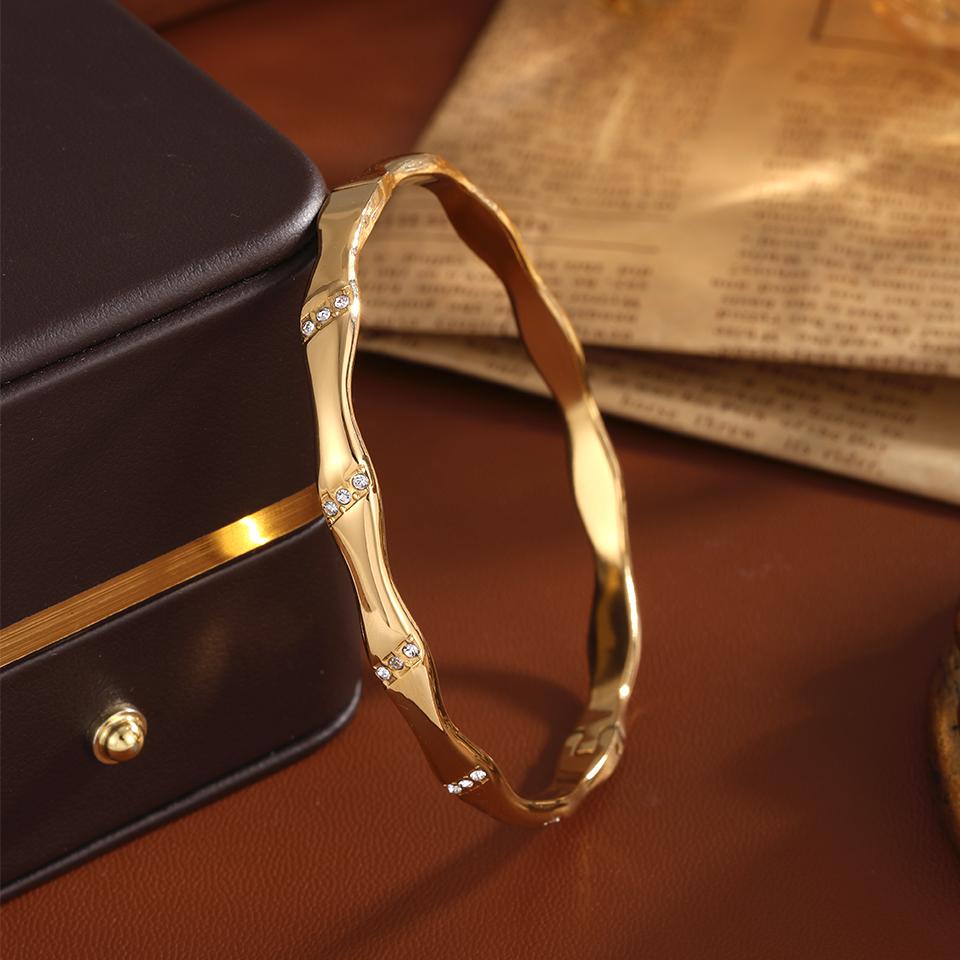 ZAKOL Personalized Bamboo Inlaid Zircon Stainles Steel Bangles Smooth Metal Bracelet Waterproof Zircon for Women