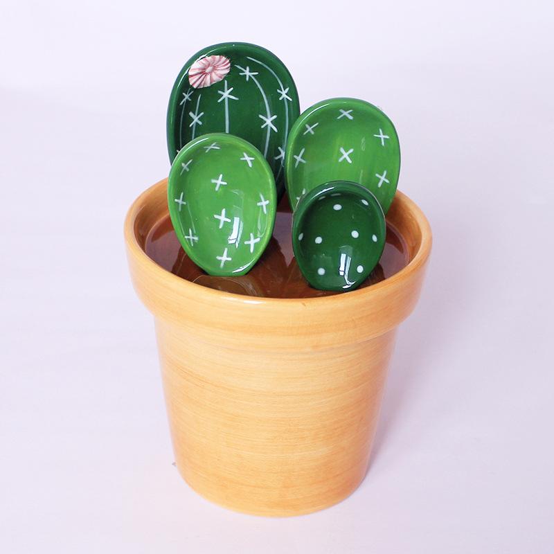 

4Pcs Ceramic Measuring Spoons Set with Base Reusable Flower Pot Stirring Soup Spoon Cute Cactus Shape Kitchen Measuring Tools