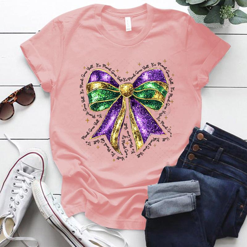 Coquette Bow Mardi Gras Shirt for Women Carnival Glitter Bow Graphic Tee Fat Tuesday Shirt Mardi Gras Party Crew Neck Clothing