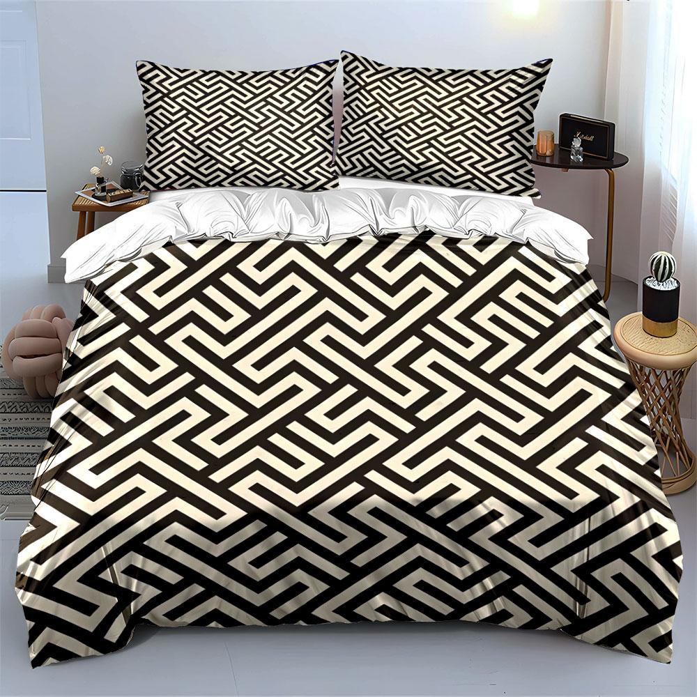 Op Art Black White Geometric Maze Pattern Bedding Set For Kids Luxury Gift 3Pcs Digital Print Comforter Set Soft Comfortable