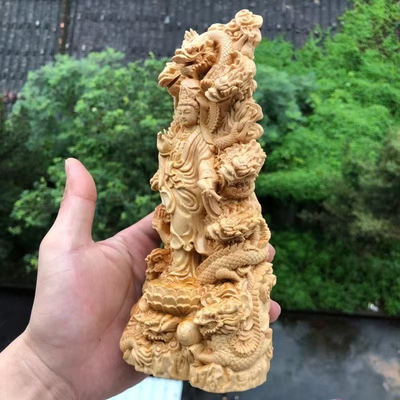 wood carving Kowloon Guanyin Buddha Statue Chinese Buddhist figures Home Living Room Office Wealth Luck Feng Shui Decor statue