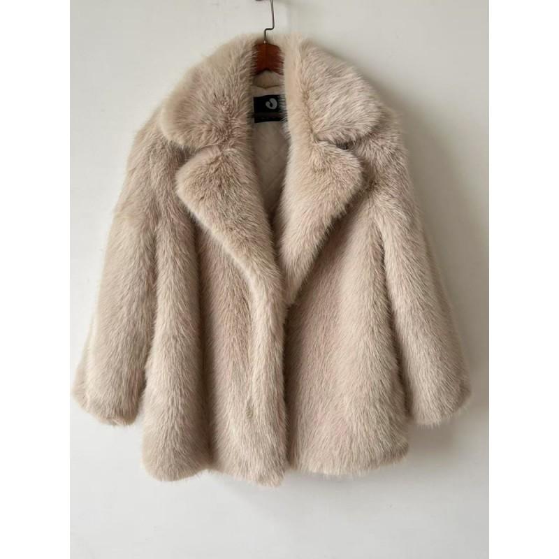 Womens Faux Fur Coat Mid-Length Winter Warm Outerwear Street Style Jacket In Beige Yellow Coffee Khaki