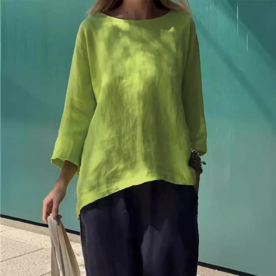 

Женские модные повседневные весенне-осенние однотонные блузки и рубашки с круглым вырезом и длинными рукавами с принтом XXL желто-зеленый
