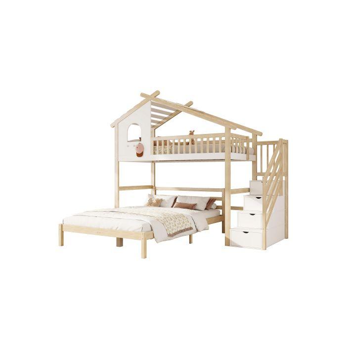 Lit En Hauteur - MUVOE - 90x200 Cm - Blanc - Sommier À Lattes - Rangement Intégré