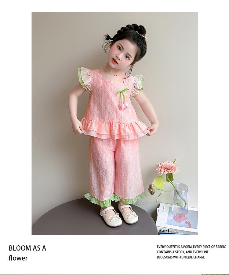 2026 New Girls' Summer Style: Fashionable Solid Color Lace Two-Piece Set with Small Puff Sleeves for Small and Medium Children
