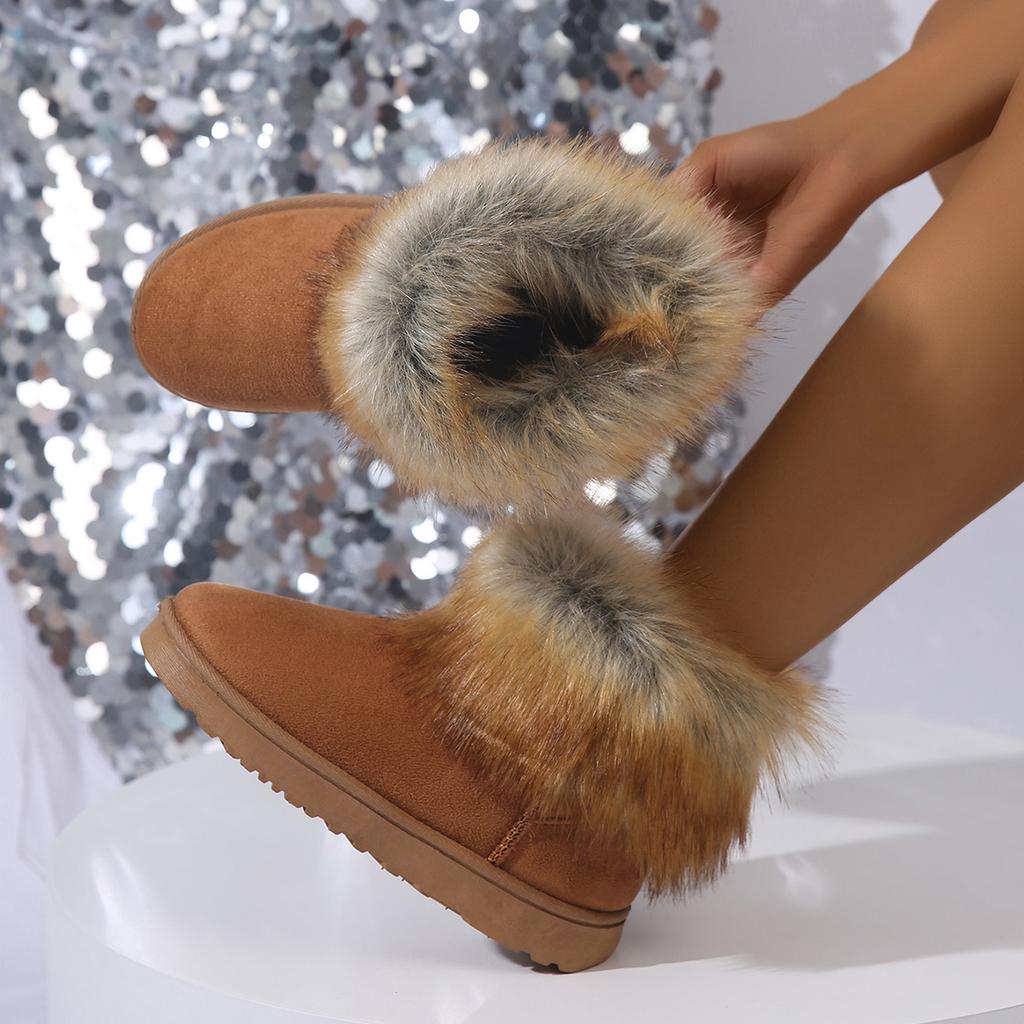 New fluffy boots women's imitation raccoon fur round head thick-bottomed plush-lined fluffy snow boots