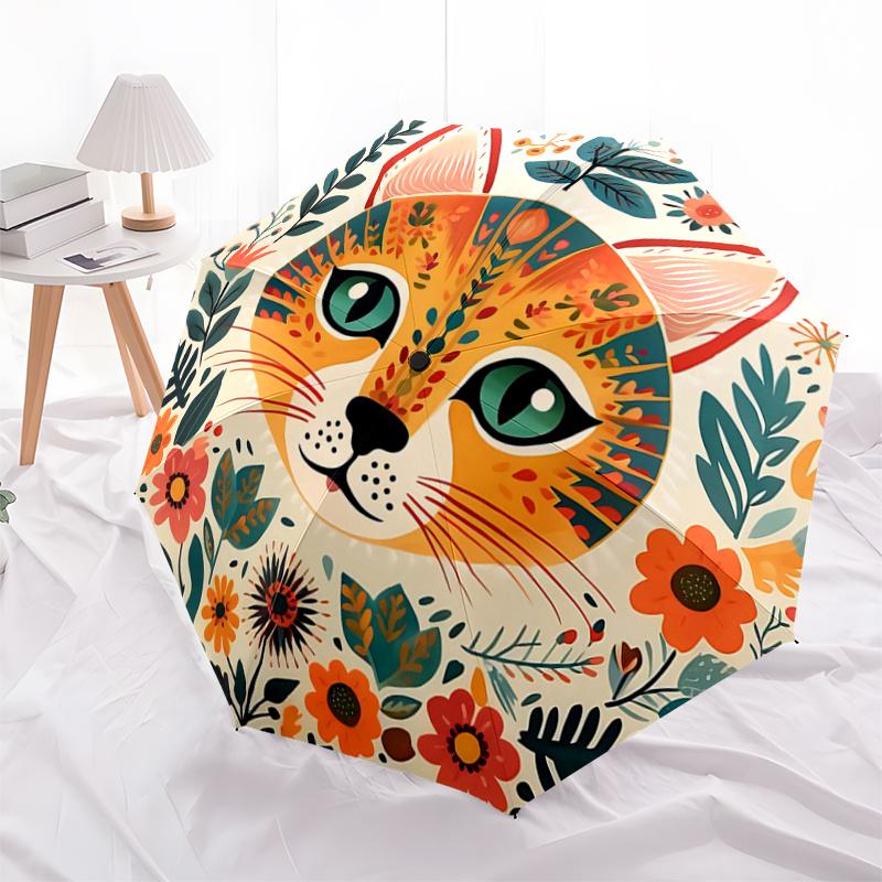 1pc Orange Cat Art Pattern Automatic Umbrella, 8 Iron Frames,Suitable for Office, Travel and Outdoor Adventure.A060