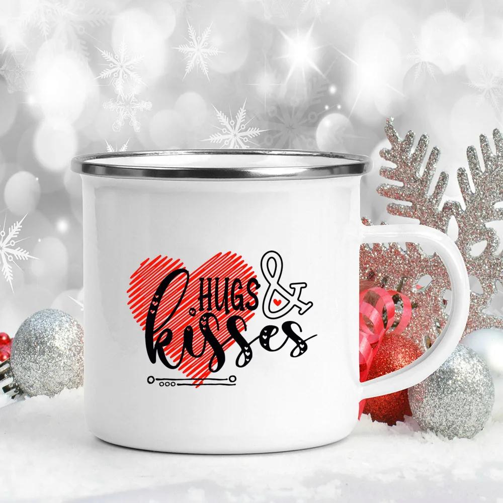 Love Heart Printed Camping Mug Valentine Party Juice Milk Cup Coffee Cups Enamel Mugs Valentine's Day Gifts for Family Friends