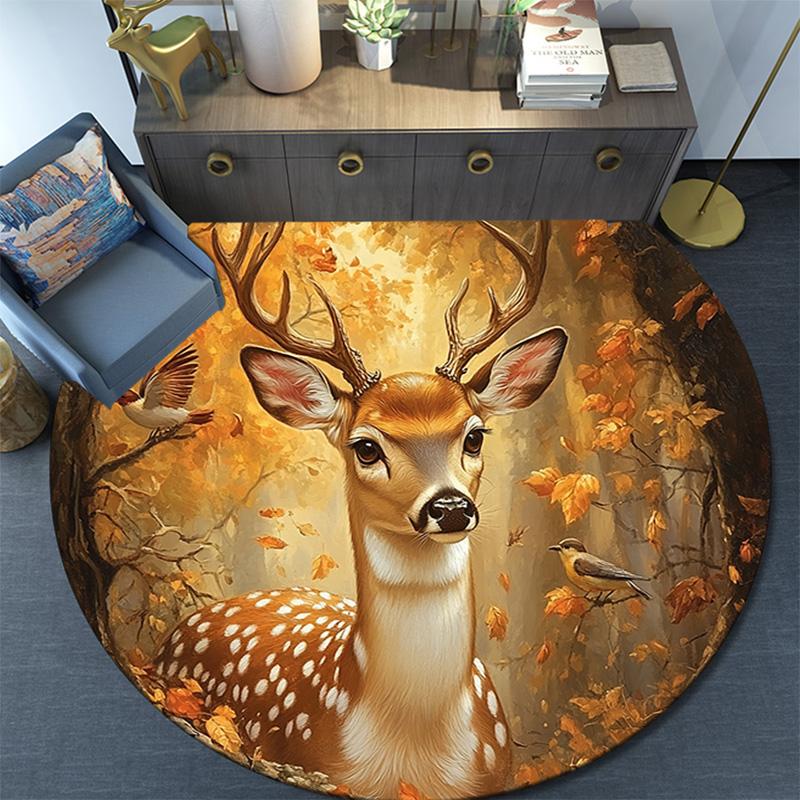 Autumn Forest Deer Round Area Rug,Carpet Rug for Living Room Bedroom Sofa Playroom Decor,Non-slip Floor Mat