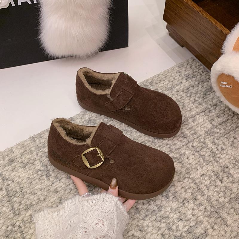 Fleece Boken soft-soled cotton shoes for women's 2025 new winter wear, thick-soled all-inclusive fluffy shoes, one pedal shoes