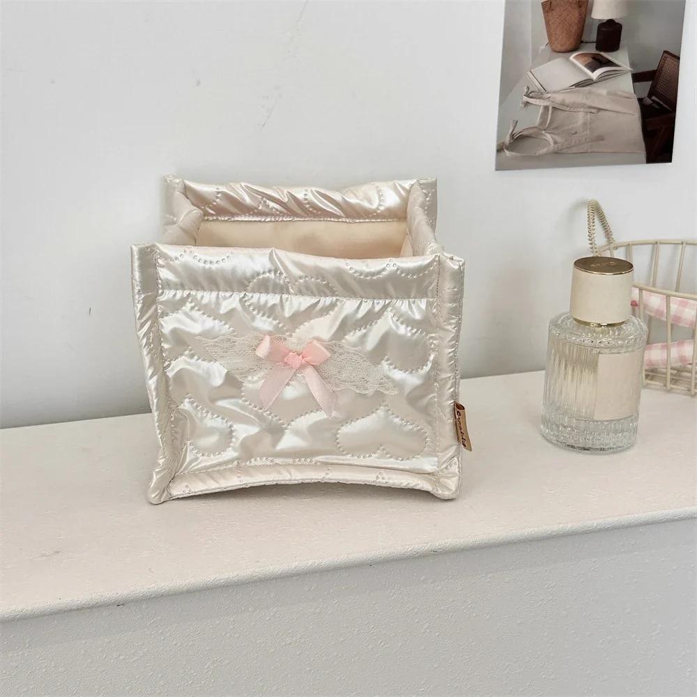 

Lace Sweet Quilted Plaid Women s Cosmetic Bags Soft Pu Leather Ladies Desktop Storage Box Solid Color Female Purse Handbags